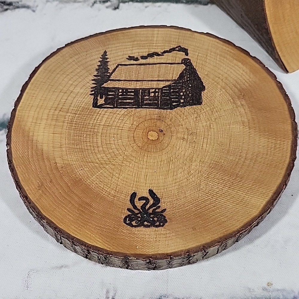 On The Lake Rustic Wooden Coasters Log Slice Burned Etched Images Rustic Set 4 - Picture 6 of 8